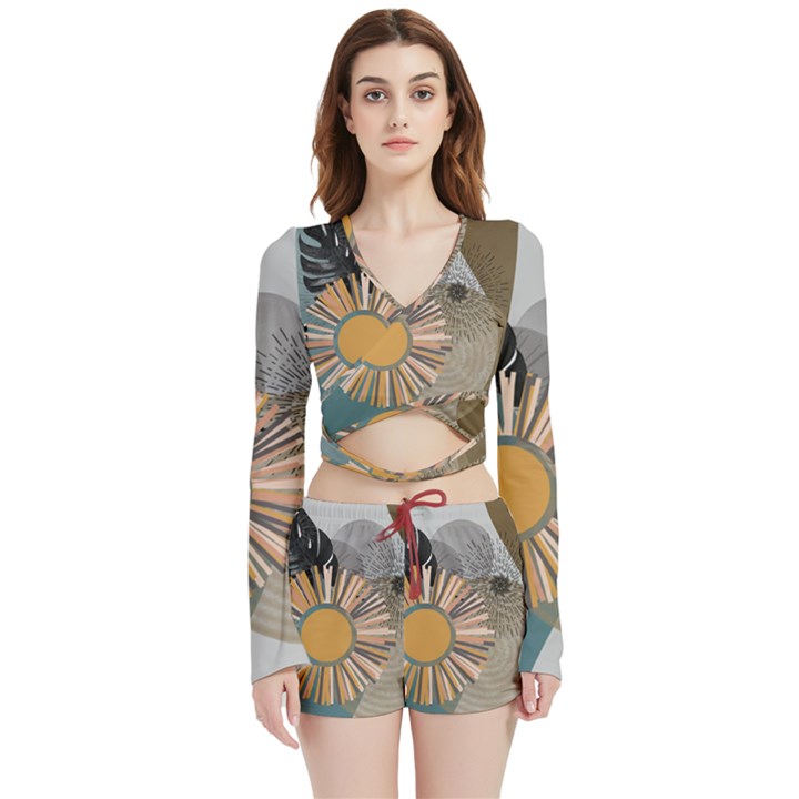 Boho Leaves Botanical Retro Vintage Velvet Wrap Crop Top and Shorts Set