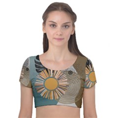 Boho Leaves Botanical Retro Vintage Velvet Short Sleeve Crop Top 