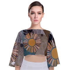 Boho Leaves Botanical Retro Vintage Tie Back Butterfly Sleeve Chiffon Top