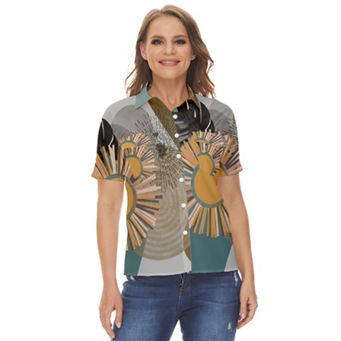 Boho Leaves Botanical Retro Vintage Women s Short Sleeve Double Pocket Shirt by Maspions