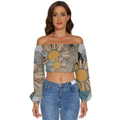 Boho Leaves Botanical Retro Vintage Long Sleeve Crinkled Weave Crop Top