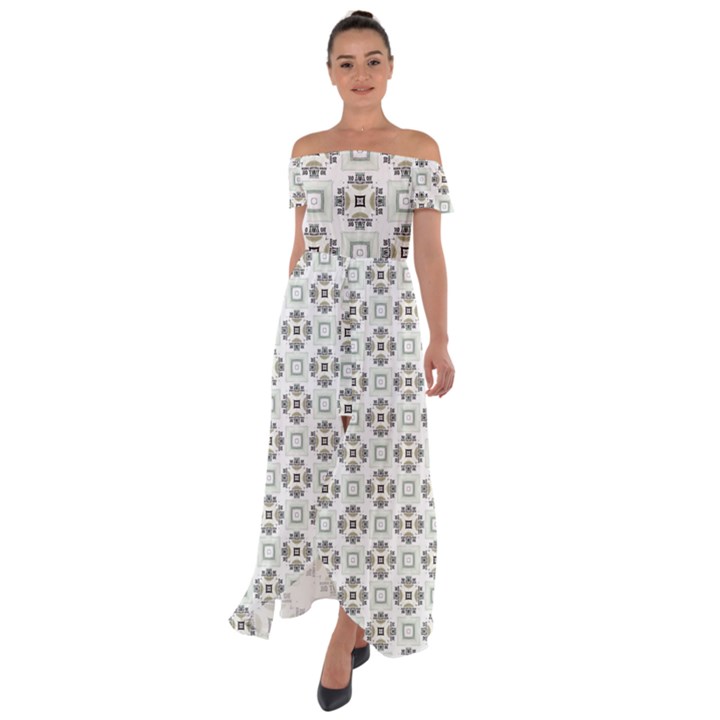 Background Pattern Retro Vintage Off Shoulder Open Front Chiffon Dress