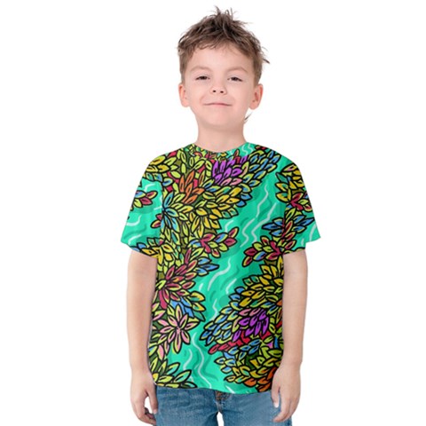 Background Leaves River Nature Kids  Cotton T-shirt by Maspions