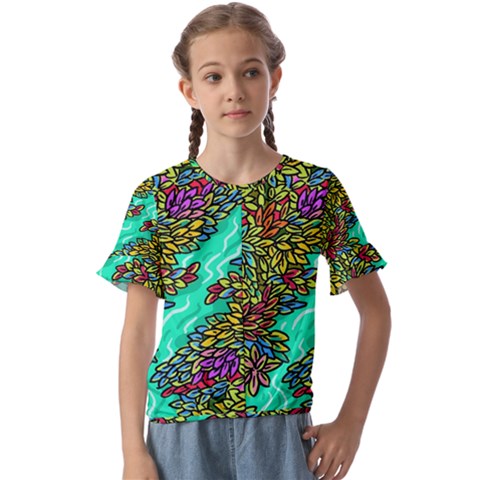 Background Leaves River Nature Kids  Cuff Sleeve Scrunch Bottom T-shirt by Maspions