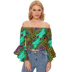 Background Leaves River Nature Off Shoulder Flutter Bell Sleeve Top