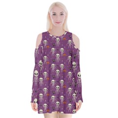 Skull Halloween Pattern Velvet Long Sleeve Shoulder Cutout Dress