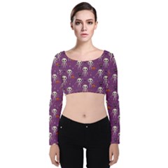 Skull Halloween Pattern Velvet Long Sleeve Crop Top