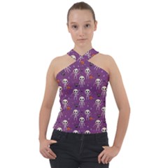 Skull Halloween Pattern Cross Neck Velour Top