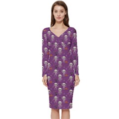 Skull Halloween Pattern Long Sleeve V-neck Bodycon Dress  by Maspions