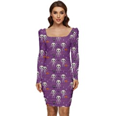 Skull Halloween Pattern Women Long Sleeve Ruched Stretch Jersey Dress by Maspions