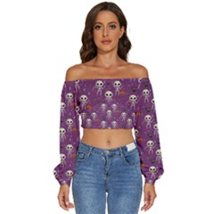 Skull Halloween Pattern Long Sleeve Crinkled Weave Crop Top