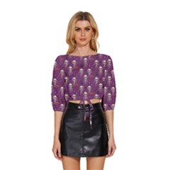 Skull Halloween Pattern Mid Sleeve Drawstring Hem Top by Maspions