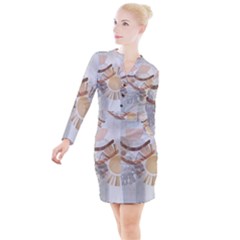 Boho Background Leaves Botanical Button Long Sleeve Dress