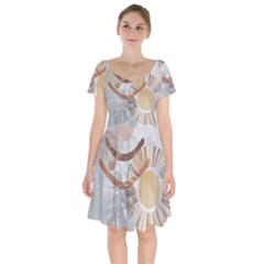 Boho Background Leaves Botanical Short Sleeve Bardot Dress