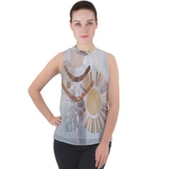 Boho Background Leaves Botanical Mock Neck Chiffon Sleeveless Top