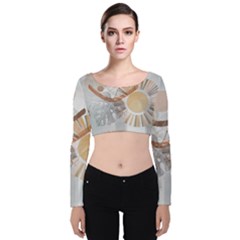 Boho Background Leaves Botanical Velvet Long Sleeve Crop Top by Maspions