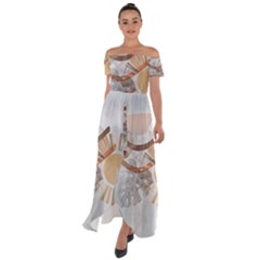 Boho Background Leaves Botanical Off Shoulder Open Front Chiffon Dress