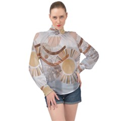 Boho Background Leaves Botanical High Neck Long Sleeve Chiffon Top