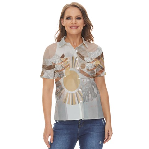 Boho Background Leaves Botanical Women s Short Sleeve Double Pocket Shirt by Maspions