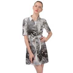 Vintage Retro Boho Background Leaves Botanical Belted Shirt Dress