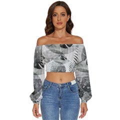 Vintage Retro Boho Background Leaves Botanical Long Sleeve Crinkled Weave Crop Top