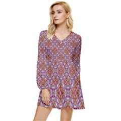 Pattern Mandala Seamless Tiered Long Sleeve Mini Dress