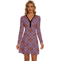 Pattern Mandala Seamless Long Sleeve Deep V Mini Dress 