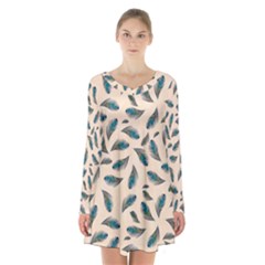 Background Palm Leaves Pattern Long Sleeve Velvet V-neck Dress