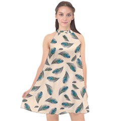 Background Palm Leaves Pattern Halter Neckline Chiffon Dress 