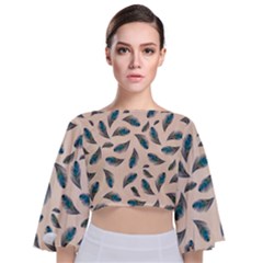 Background Palm Leaves Pattern Tie Back Butterfly Sleeve Chiffon Top