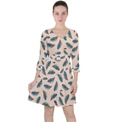 Background Palm Leaves Pattern Quarter Sleeve Ruffle Waist Dress by Maspions