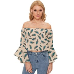 Background Palm Leaves Pattern Off Shoulder Flutter Bell Sleeve Top