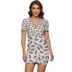 Background Palm Leaves Pattern Low Cut Cap Sleeve Mini Dress