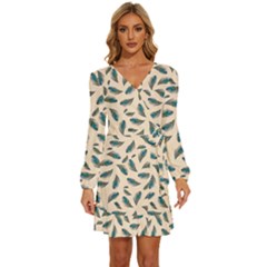 Background Palm Leaves Pattern Long Sleeve Waist Tie Ruffle Velvet Dress