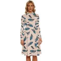 Background Palm Leaves Pattern Long Sleeve Shirt Collar A-line Dress by Maspions