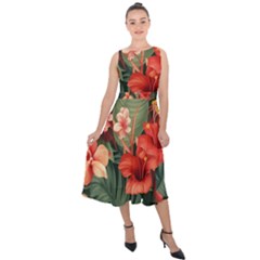 Tropical Flower Bloom Midi Tie-back Chiffon Dress