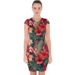 Tropical Flower Bloom Capsleeve Drawstring Dress  by Maspions