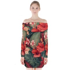 Tropical Flower Bloom Long Sleeve Off Shoulder Dress