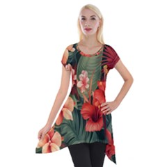 Tropical Flower Bloom Short Sleeve Side Drop Tunic