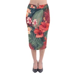 Tropical Flower Bloom Velvet Midi Pencil Skirt