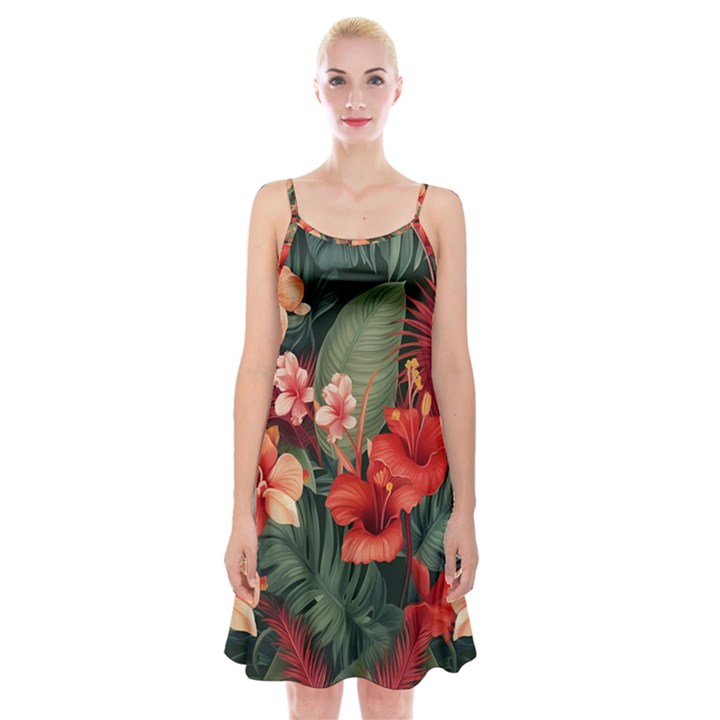 Tropical Flower Bloom Spaghetti Strap Velvet Dress