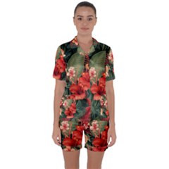 Tropical Flower Bloom Satin Short Sleeve Pajamas Set