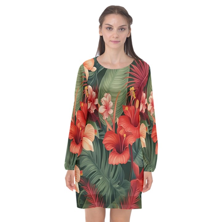 Tropical Flower Bloom Long Sleeve Chiffon Shift Dress 