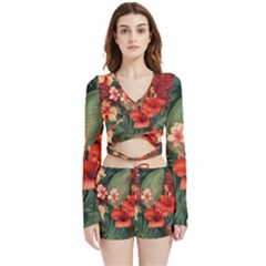 Tropical Flower Bloom Velvet Wrap Crop Top And Shorts Set