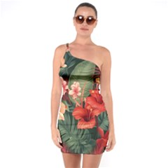 Tropical Flower Bloom One Shoulder Ring Trim Bodycon Dress