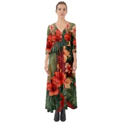 Tropical Flower Bloom Button Up Boho Maxi Dress