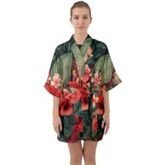 Tropical Flower Bloom Half Sleeve Satin Kimono  by Maspions