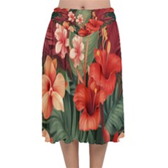 Tropical Flower Bloom Velvet Flared Midi Skirt