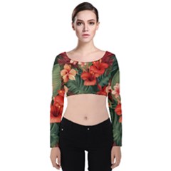 Tropical Flower Bloom Velvet Long Sleeve Crop Top