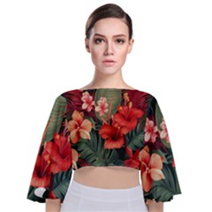 Tropical Flower Bloom Tie Back Butterfly Sleeve Chiffon Top